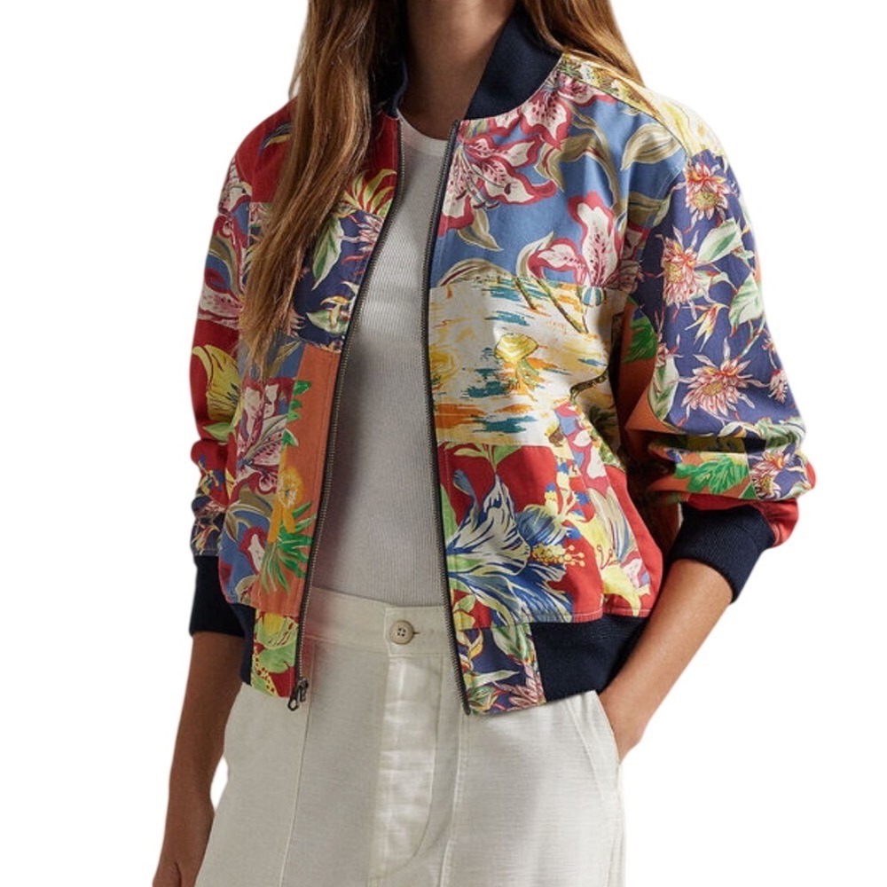 Polo Ralph Lauren Tropical Patchwork Bomber Jacket XS Floral Coastal Cottagecore